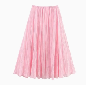 Elegante gonna longuette a pieghe rosa con vita alta elastica e trama plissettata