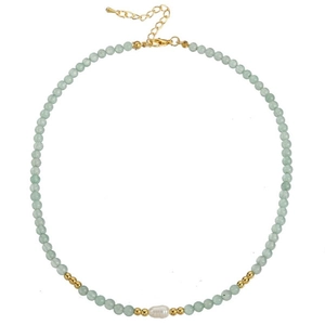 Detail of beaded necklace with green agate stones, gold spacers and a baroque pearl