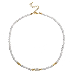 Minimalist white turquoise beaded necklace with freshwater pearl and golden accents