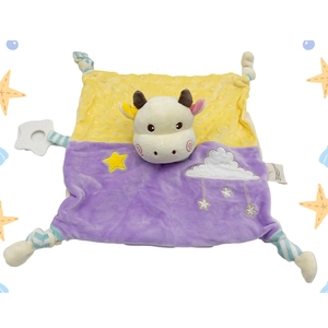 Detail view of baby security blanket with cow plush, yellow minky dots, and star teether