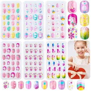 Children Press On Nails Cartoon Animal Heart Patterns Plastic False Nails Removable Adhesive Manicure Art For Kids Girls