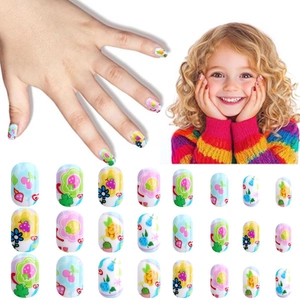 Colorful cartoon press-on nails for kids with strawberry and flower patterns 24pcs set