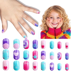 24-piece cartoon kids press-on nail set with heart and star patterns in pink and blue