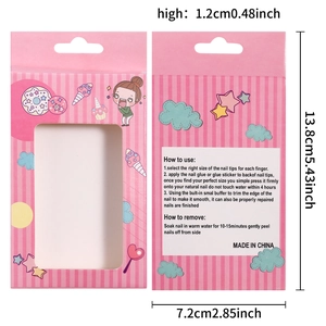 Cartoon style pink press-on nail packaging box with sweet dessert and girl illustrations