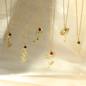 Set of gold stainless steel birthstone flower necklaces with colorful crystal pendants