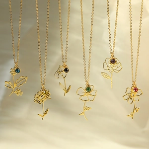 Elegant gold-plated stainless steel flower necklaces with colorful birthstone pendants