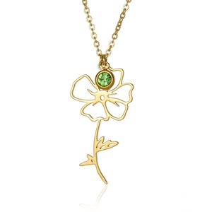 Titanium steel December flower necklace with green birthstone and gold petal pendant