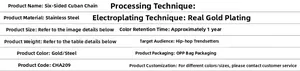 Detailed spec chart of 11mm stainless steel Cuban chain necklace and bracelet