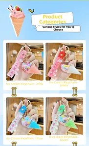 Detail view of colorful liquid ice cream keychains in pink, blue, white, and green