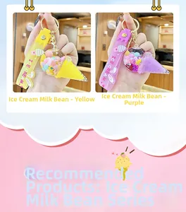 Detail of yellow and purple ice cream floating bottle keychains with colorful beads