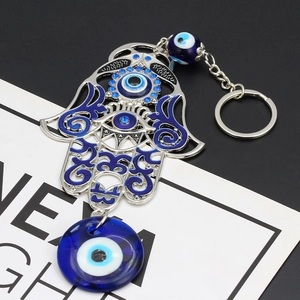 Evil Eye Hamsa Hand Keychain Silver Color Alloy Enamel Blue Glass Bead Lucky Protection Charm Hanging Ornament Bag Car