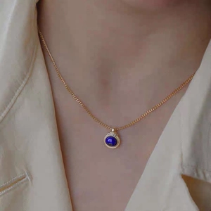 Vintage Copper Lapis Lazuli Pendant Necklace For Women Gold Plated Round Natural Blue Stone Rhinestone Inlaid Dainty Jewelry