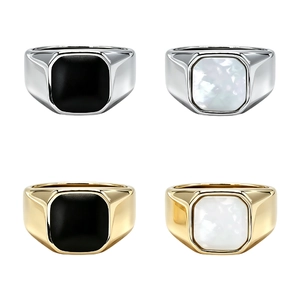 Minimalist Stainless Steel Square Signet Ring With White Shell And Black Enamel Polished Geometric Retro Unisex Jewelry