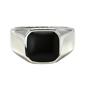 Minimalist silver polished ring with square black onyx inlay, chic index finger jewelry
