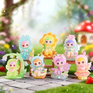 Detailed view of colorful translucent flower fairy blind box figurines in a fantasy garden