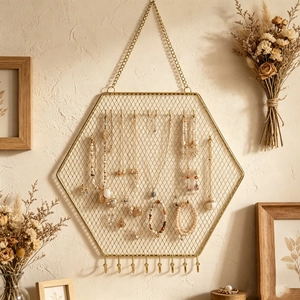 Jewelry Display Rack Metal Iron Art Earring Organizer Wall Mounted Hanging Hooks Geometric Grid Modern Nordic Decor