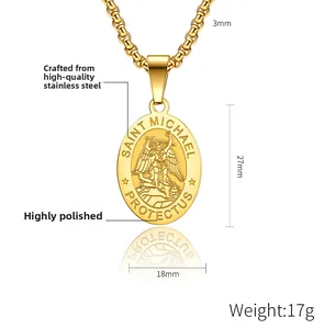 Detailed close-up of high-polished gold Saint Michael pendant on a 3mm box chain