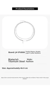 Collier double épaisseur en acier titane argenté avec pendentif X, vue détaillée 46+5cm