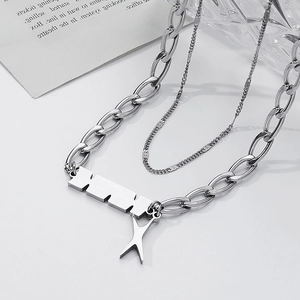 Collier Pendentif Lettre X Double Couche en Acier Titane Homme Hip Hop Streetwear Chaîne de Cou Géométrique Bijoux