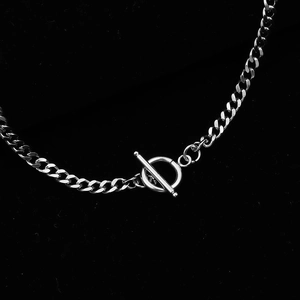 Polished silver stainless steel geometric hexagon necklace with OT toggle clasp and Cuban chain