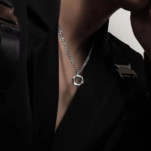 Minimalist silver hexagon pendant necklace with curb chain for men in industrial style