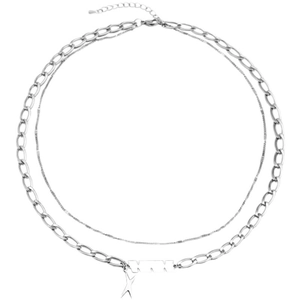 Collier double couche argenté avec pendentif étoile géométrique et plaque rectangulaire