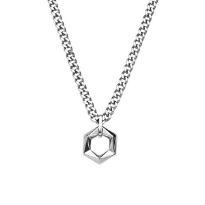 Chunky silver curb chain necklace with a 3D hollow geometric hexagon pendant