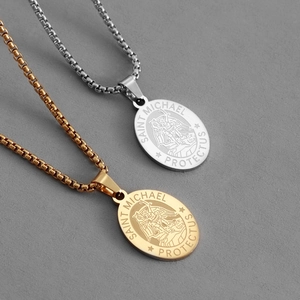 Religious Saint Michael pendant necklaces in gold and silver steel finish with box chain