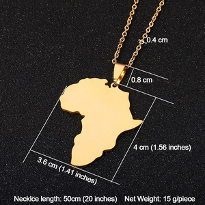 Detailed close-up of golden stainless steel Africa map pendant with sizing specifications