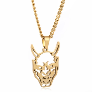 Collier avec pendentif masque de démon Hannya doré en acier inoxydable et chaîne torsadée