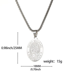 Saint Michael Archangel oval pendant necklace in stainless steel with silver finish