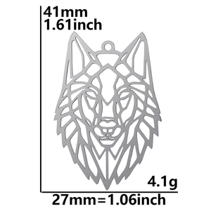 Detailed view of hollow wolf head pendant dimensions 41mm by 27mm in stainless steel