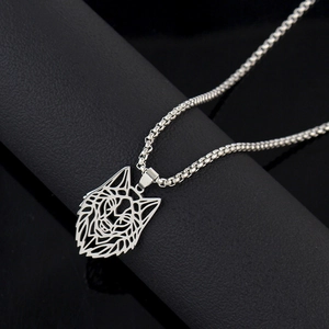 Nordic viking wolf head hollow pendant necklace in silver stainless steel finish