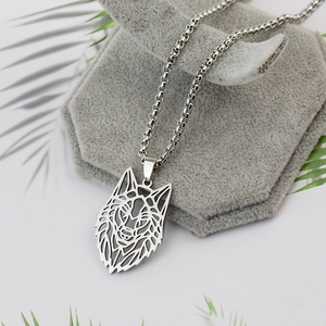 Nordic Viking wolf head hollow pendant necklace in stainless steel with silver box chain