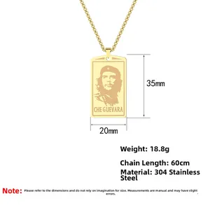 Macro view of Ernesto Che Guevara portrait engraving on gold stainless steel tag pendant