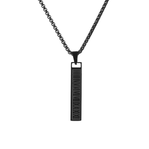 Men's matte black stainless steel necklace featuring a vertical Roman numeral bar pendant