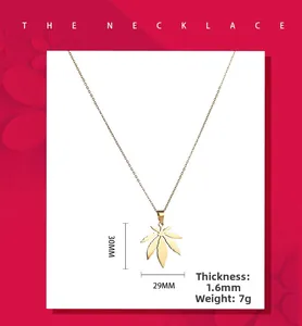 Detail showing dimensions and 30mm height of the golden leaf pendant on stainless chain