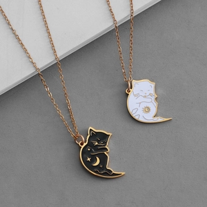 Cute black and white cartoon cat necklaces for couples with crescent moon and sun pendants