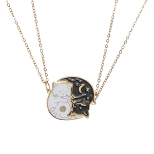 Cartoon black and white cat yin yang puzzle necklaces in stainless steel gold finish