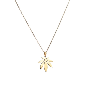 Elegant gold stainless steel necklace with a detailed maple leaf pendant on white backdrop