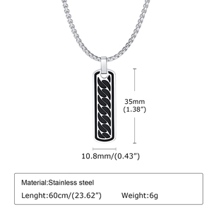 Close-up of men's stainless steel rectangle pendant with black chain link inlay