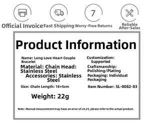 Specifications for stainless steel heart couple bracelet with 18+5cm length detail