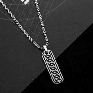 Men's silver stainless steel box chain necklace with a rectangle hollow leaf pendant