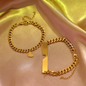 Minimalist Stainless Steel Couple Heart Puzzle Stitching Bracelet Set Polished Curb Chain Silver Gold Jewelry Gift For Lovers