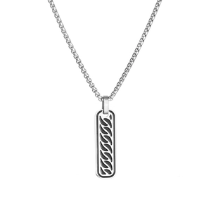 Men's stainless steel rectangular pendant necklace with black wave pattern and box chain