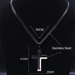 Two-tone stainless steel cross necklace for men with black checkered texture detail