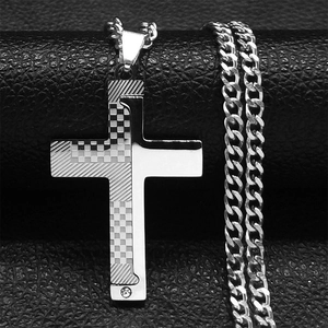 Men Stainless Steel Cross Pendant Necklace With Rhinestone Asymmetric Chessboard Texture Polished Punk Jewelry For Unisex
