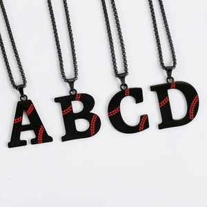Hip-hop baseball letter pendants A-B-C-D in matte black stainless steel with ball chains