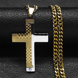 Two-tone stainless steel cross necklace for men featuring cubic zirconia and cuban chain