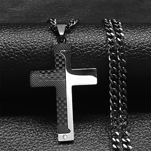 Two-tone stainless steel cross necklace with matte grid texture and cubic zirconia